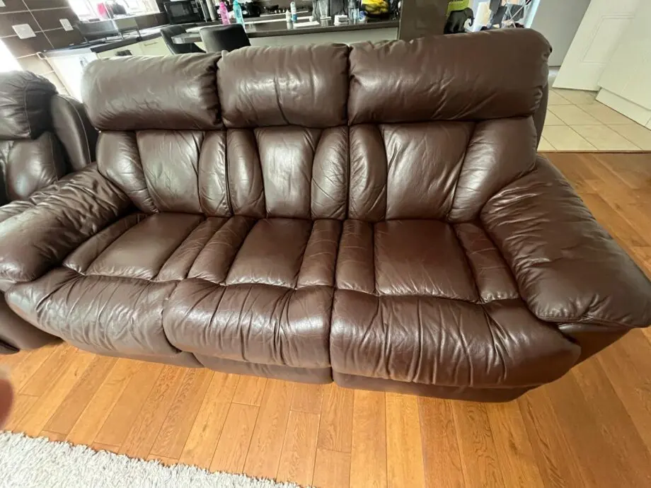 3 seat brown leather sofas + 2 seat brown manual Recliner leather sofas