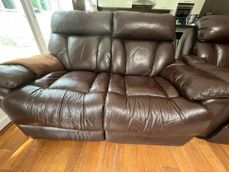 3 seat brown leather sofas + 2 seat brown manual Recliner leather sofas