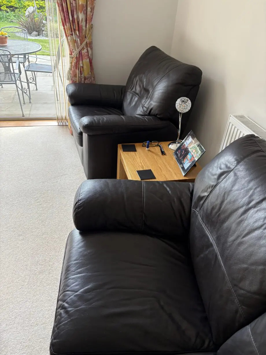 Brown Leather 3 seater sofa and two manual recliners