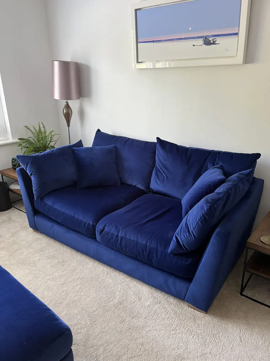 Pair Tallulah 2 seater sofas and storage footstool in Royal Blue