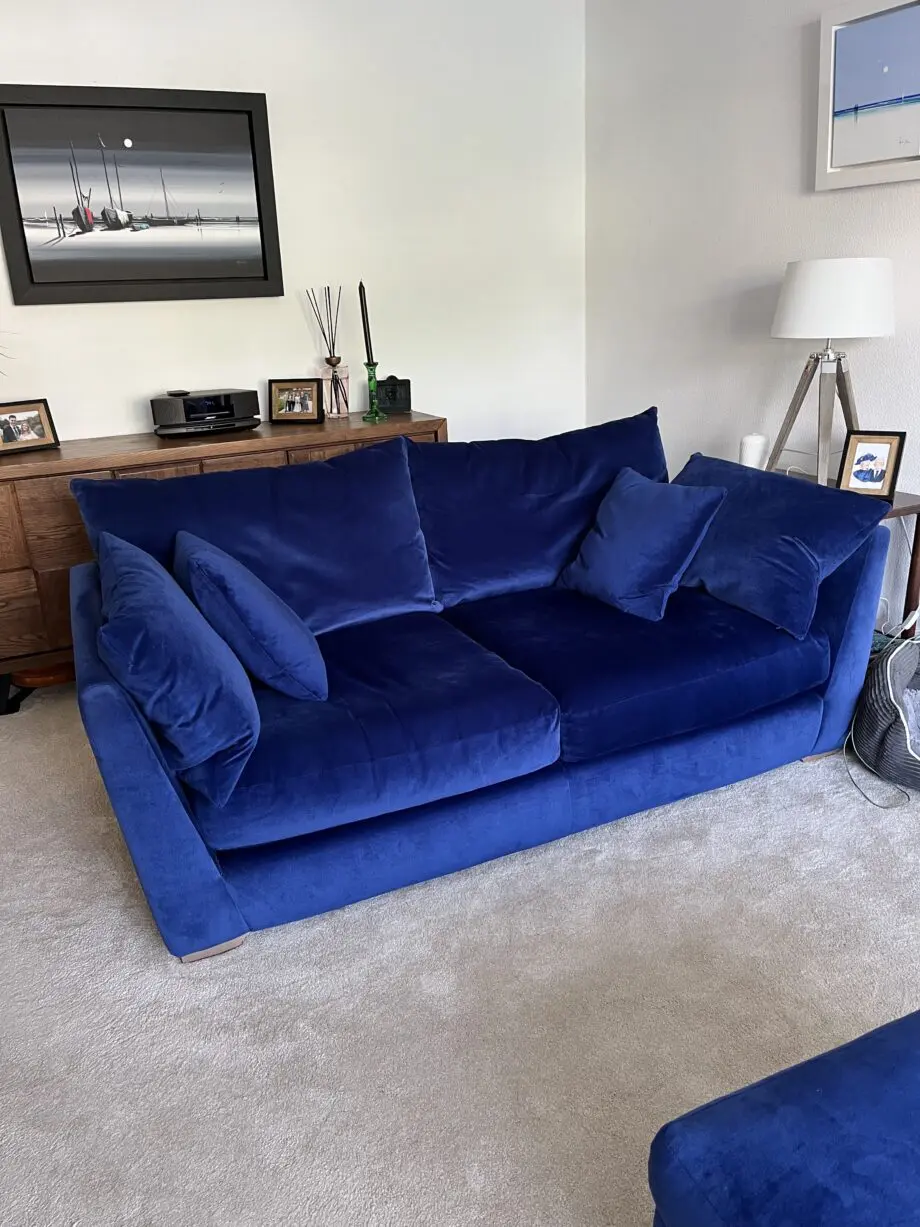 Pair Tallulah 2 seater sofas and storage footstool in Royal Blue