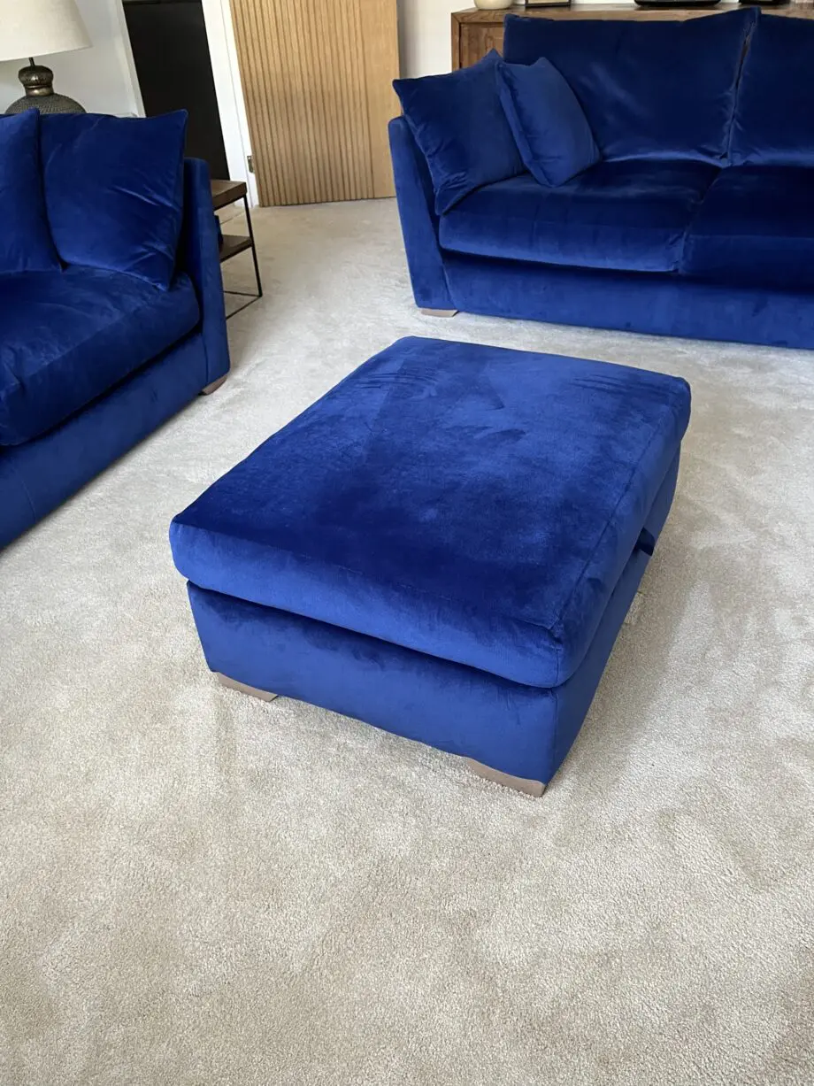 Pair Tallulah 2 seater sofas and storage footstool in Royal Blue