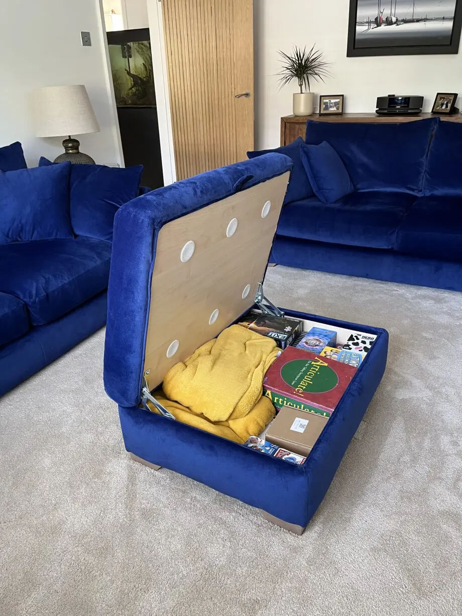 Pair Tallulah 2 seater sofas and storage footstool in Royal Blue