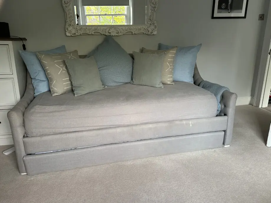 Sofa day bed with pullout bed (gray color, linen cover)