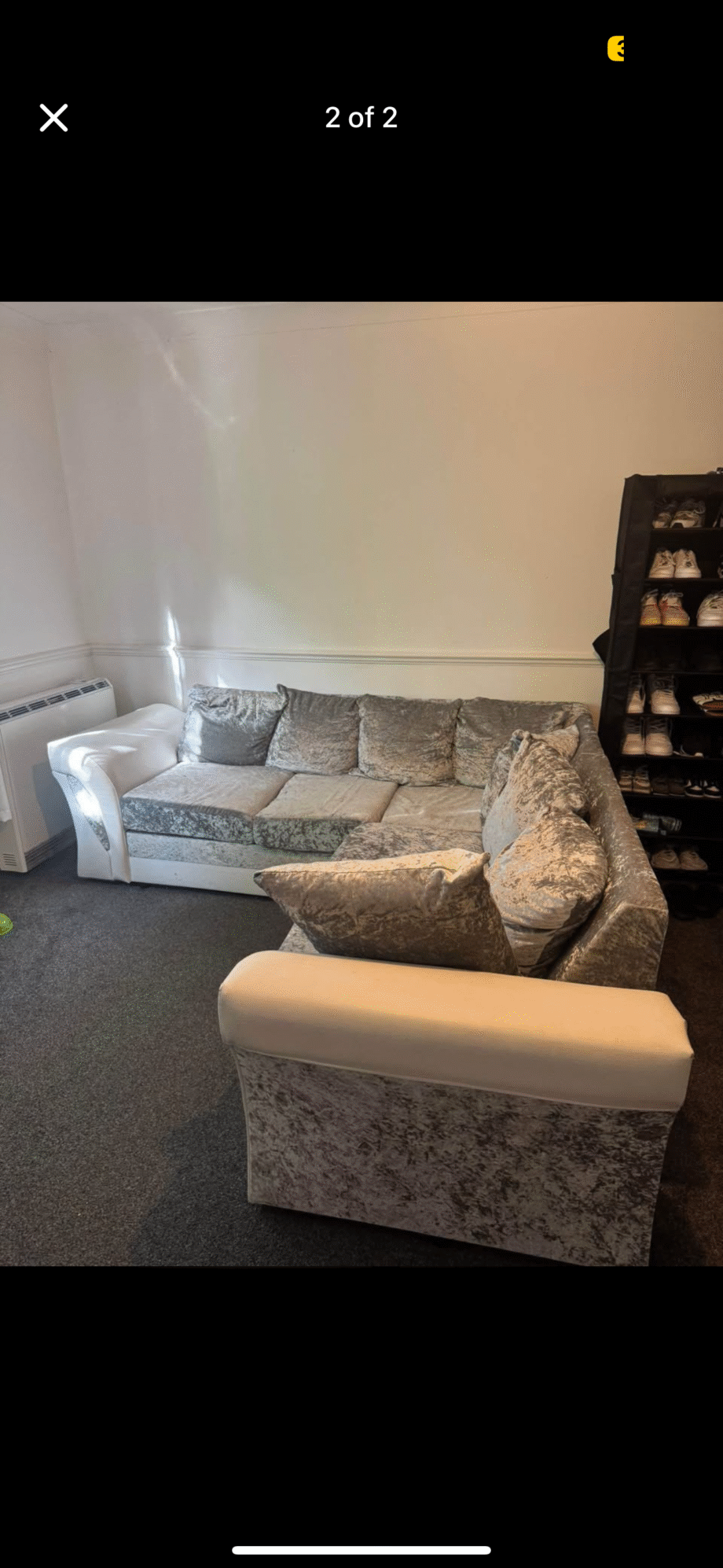 L Shaped Grey velvet and white leather corner sofa