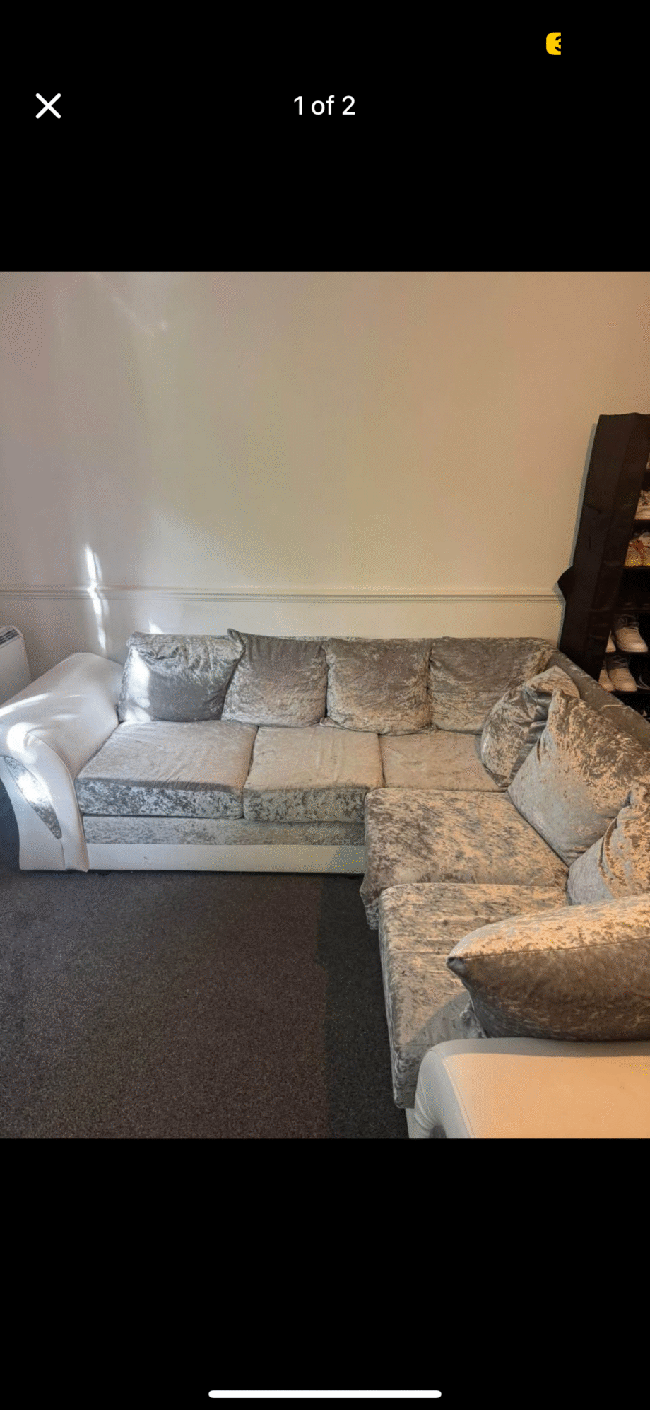 L Shaped Grey velvet and white leather corner sofa