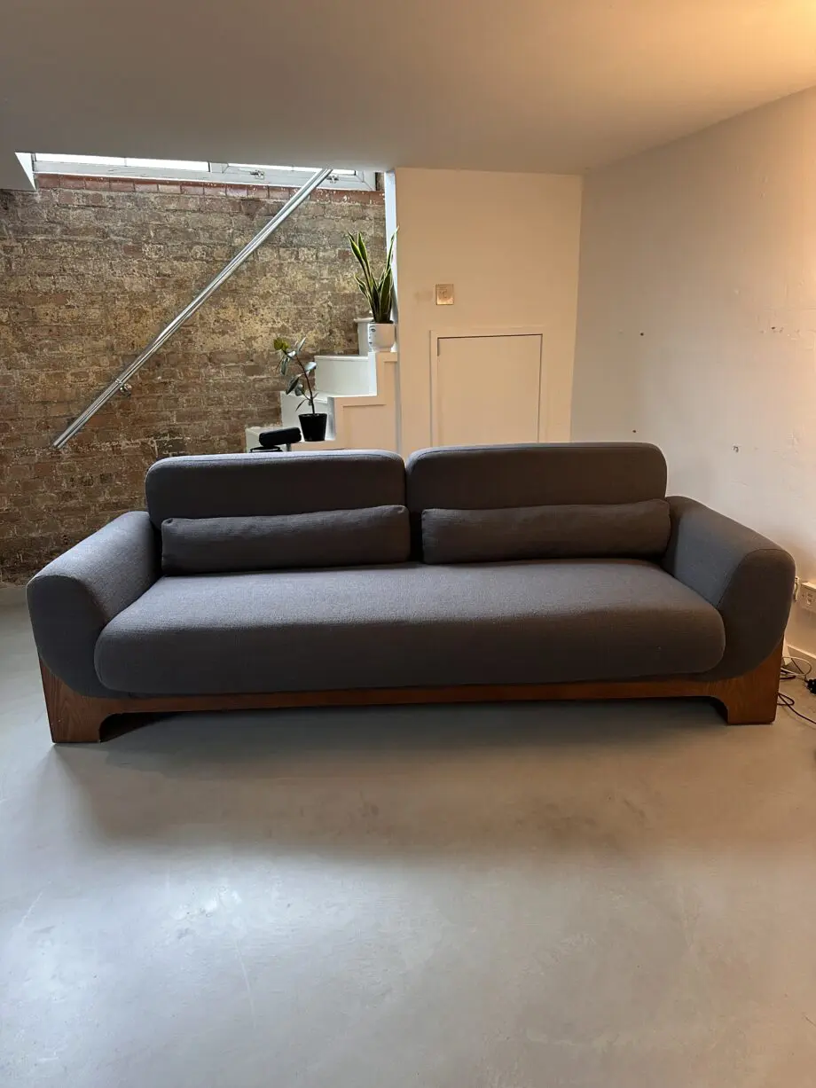 Anthropologie Grey and Dark Wood Mid-Century Modern Sofa