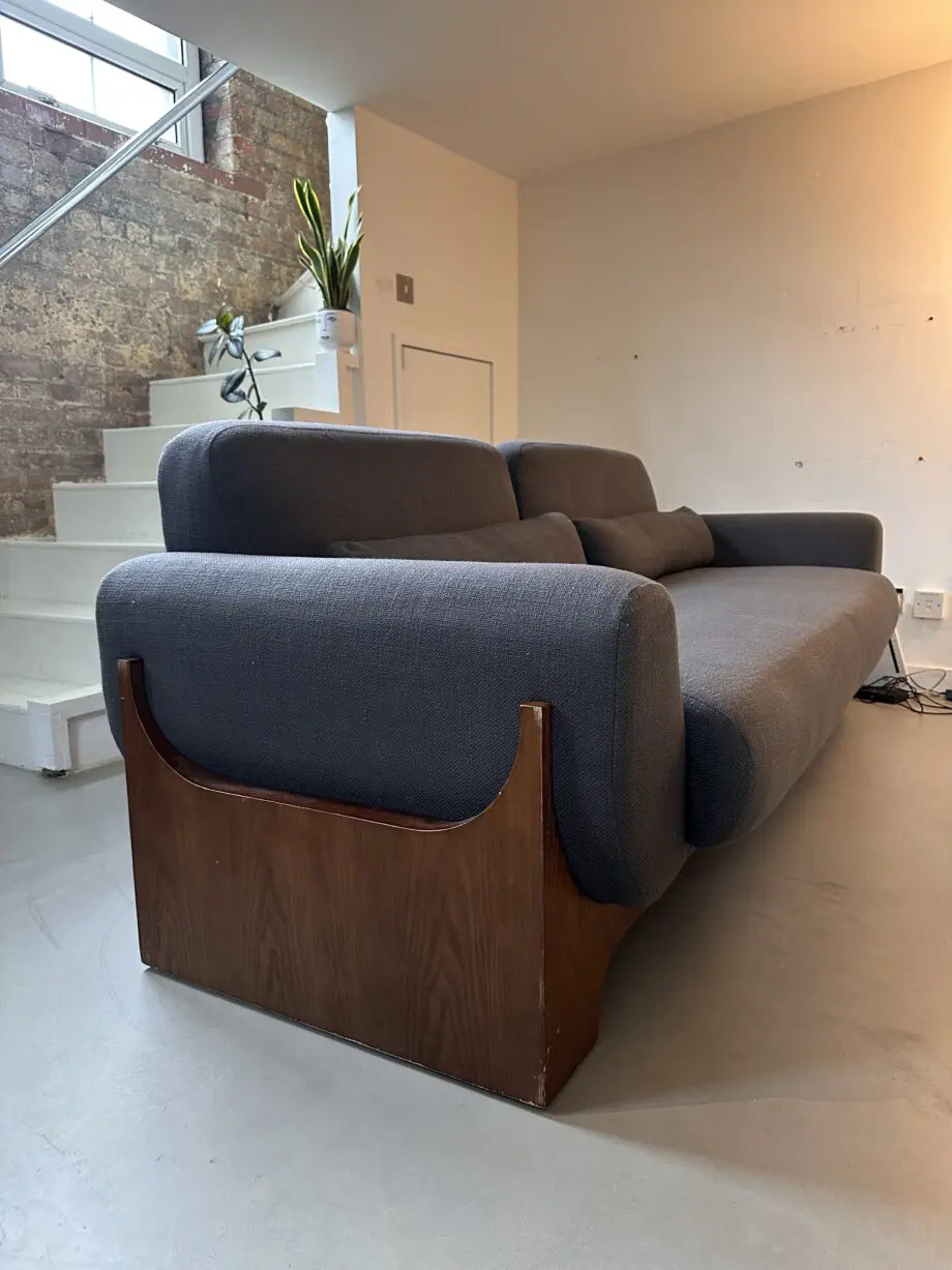 Anthropologie Grey and Dark Wood Mid-Century Modern Sofa