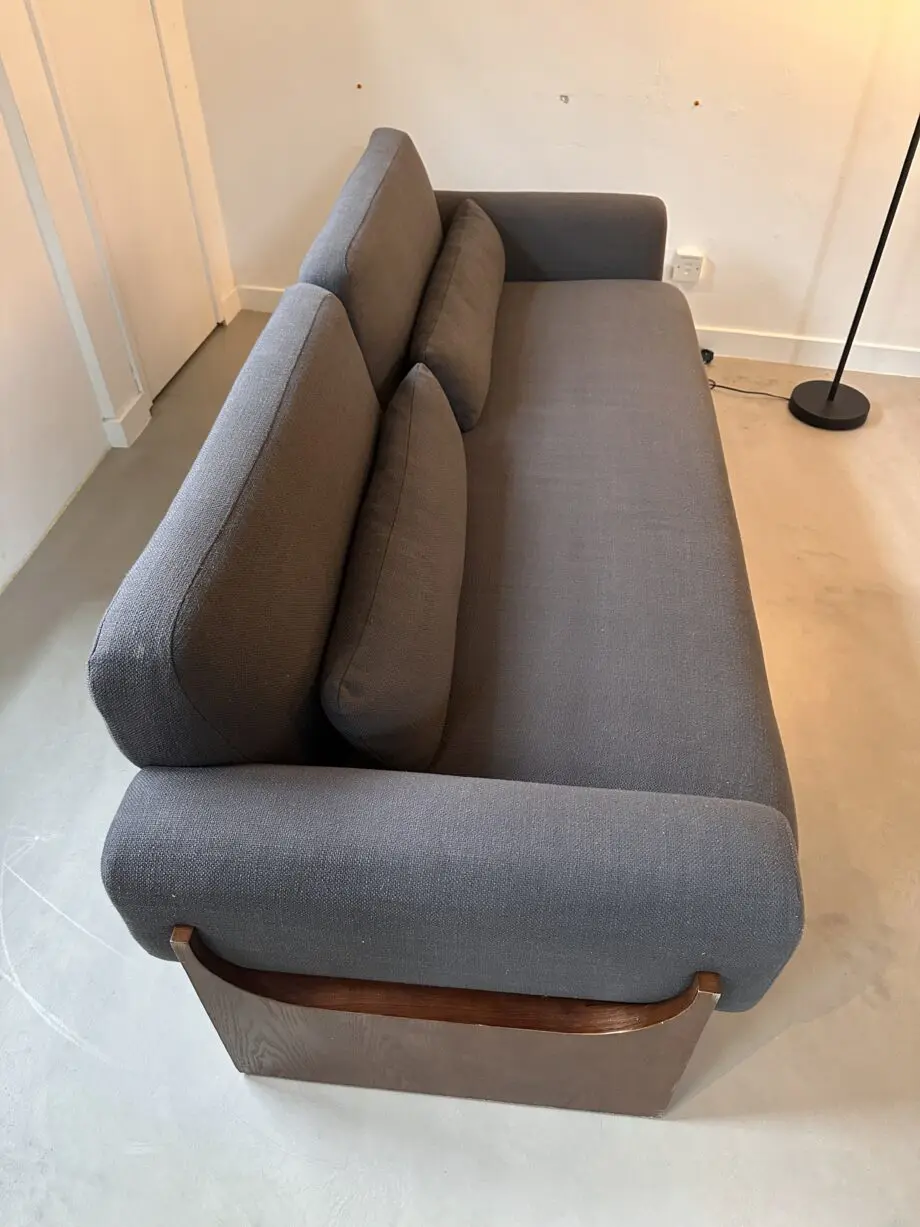 Anthropologie Grey and Dark Wood Mid-Century Modern Sofa