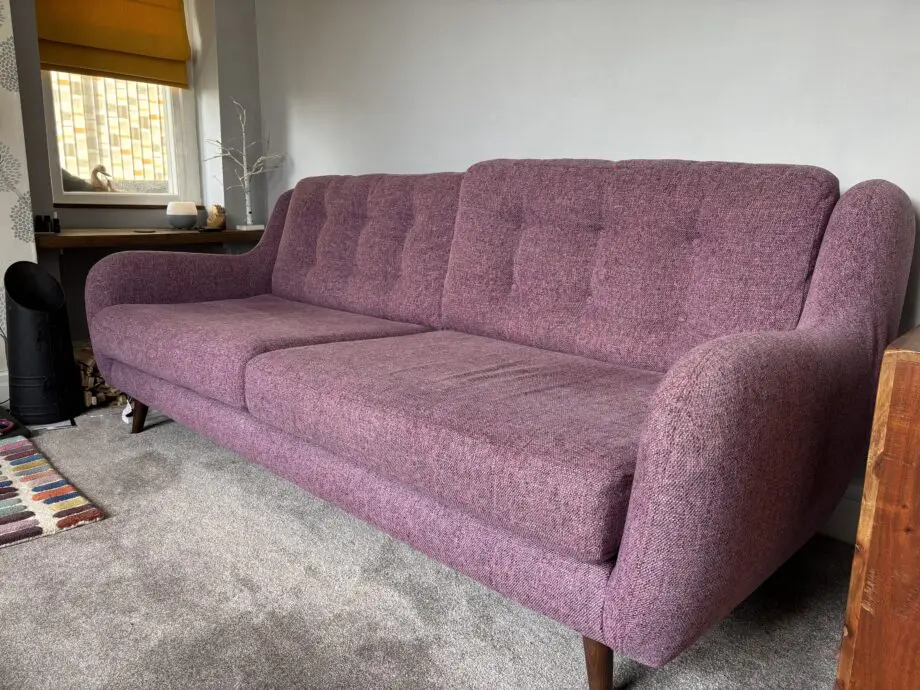 French connection Camden sofa. Purple tweed 4 seater sofa and cuddle Seat