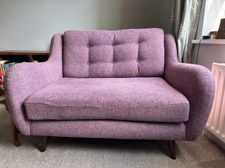 French connection Camden sofa. Purple tweed 4 seater sofa and cuddle Seat