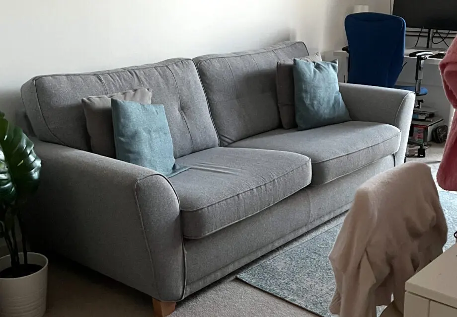 4 Seater Silver Grey Fabric Sofa, Light Legs. DFS Jayce.