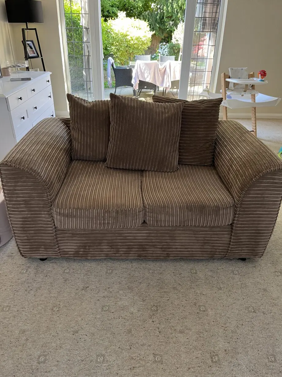 Jumbo cord brown corner sofa, 2 seater and pouffe
