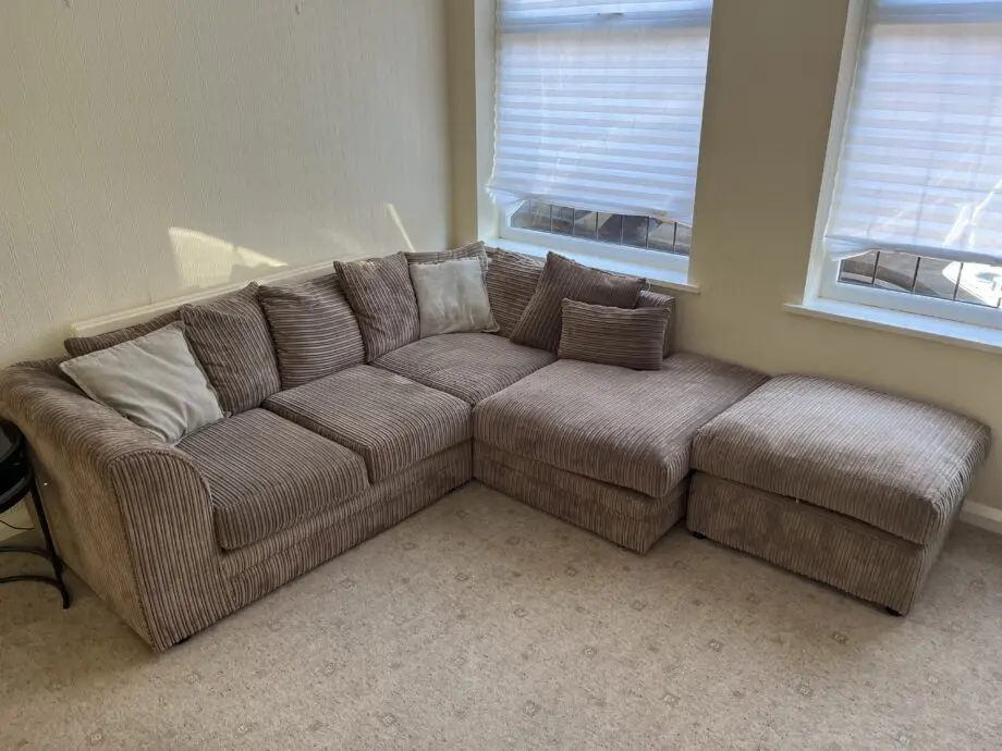 Jumbo cord brown corner sofa, 2 seater and pouffe