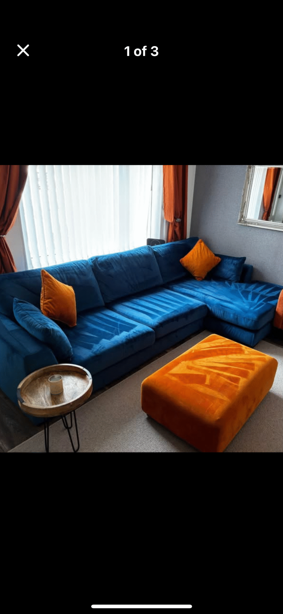 4 seater Navy sofa with orange footstool