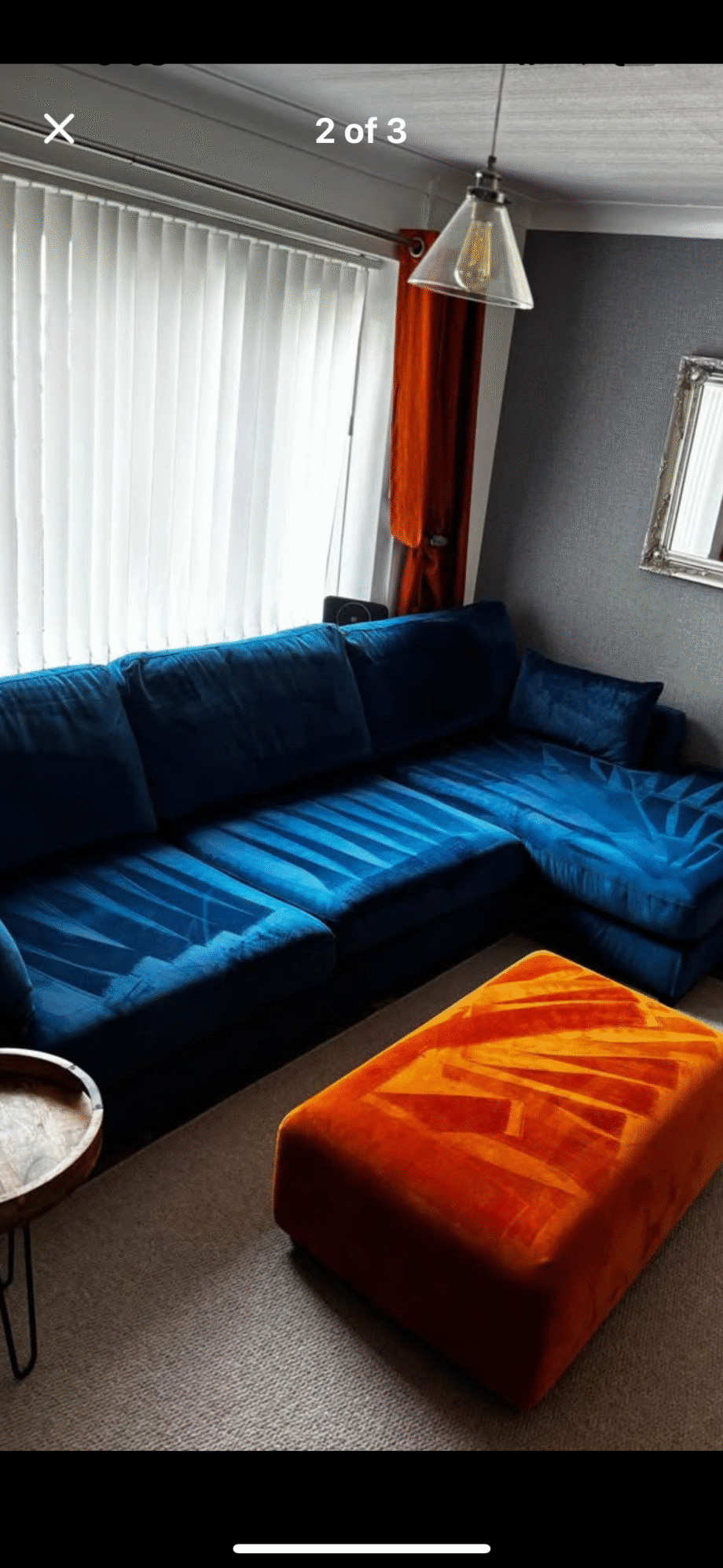 4 seater Navy sofa with orange footstool