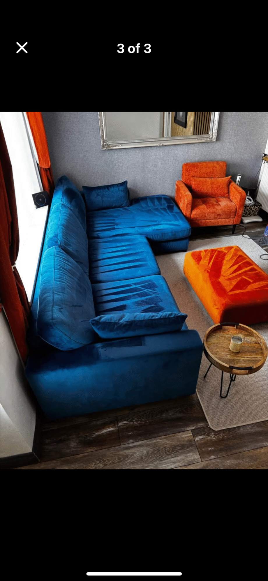 4 seater Navy sofa with orange footstool