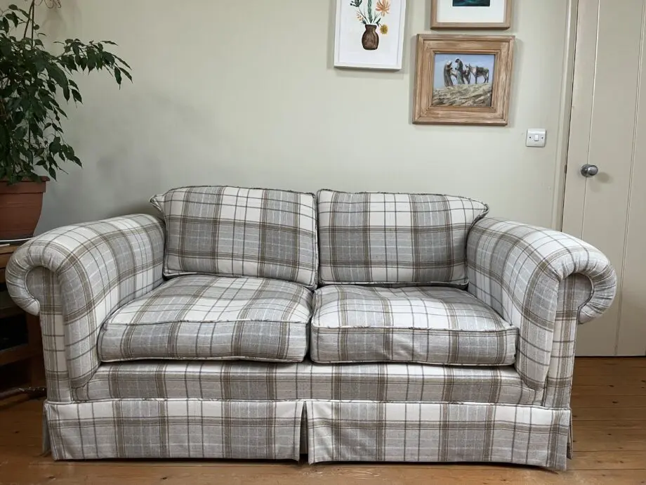 Minster Furniture company. Two identical sofa Ivory/ beige wool Tartan.