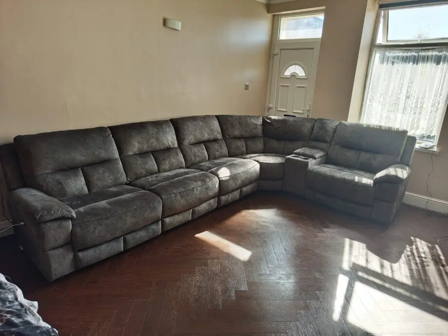 DFS Finsbury Corner Sofa Power Recliner With Console Grey Mayson Fabric