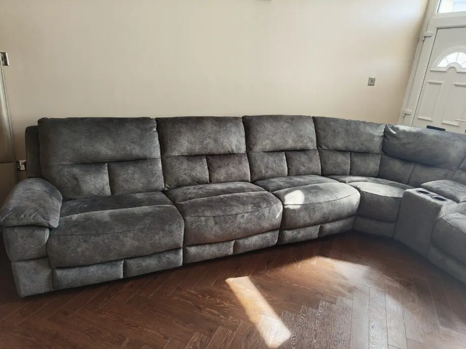 DFS Finsbury Corner Sofa Power Recliner With Console Grey Mayson Fabric