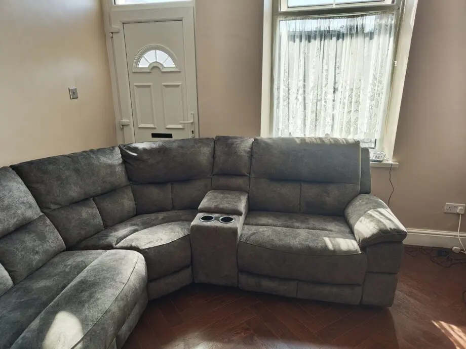 DFS Finsbury Corner Sofa Power Recliner With Console Grey Mayson Fabric