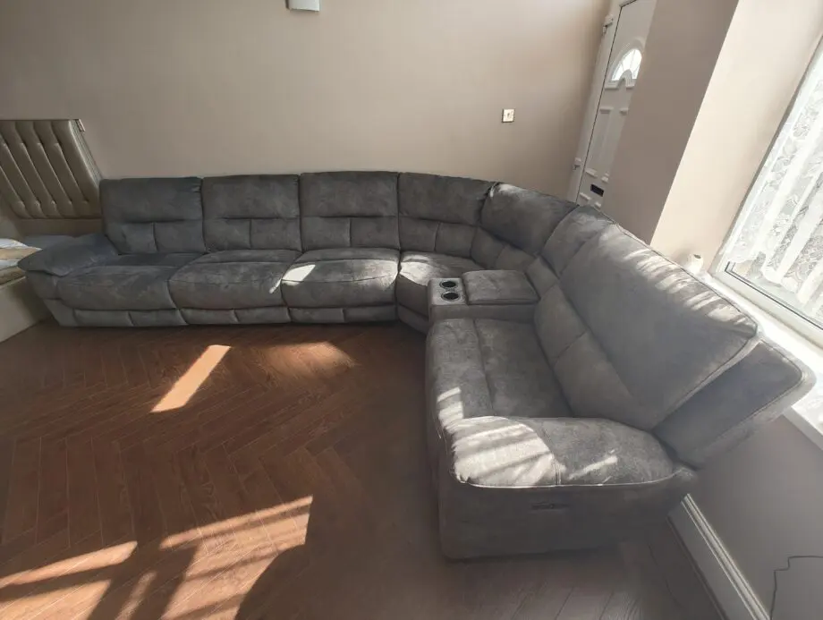 DFS Finsbury Corner Sofa Power Recliner With Console Grey Mayson Fabric