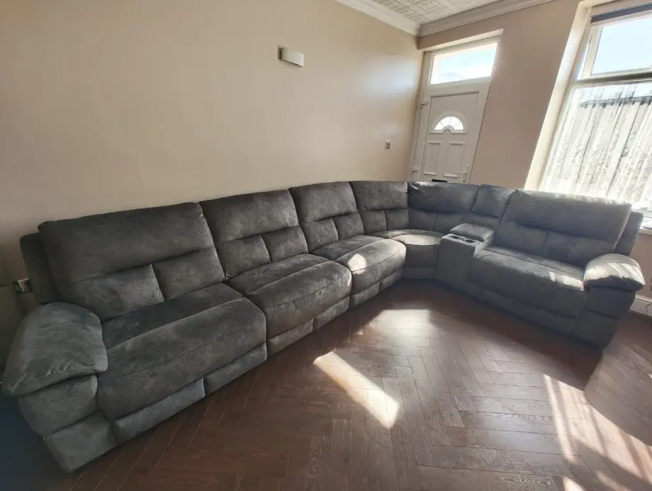 DFS Finsbury Corner Sofa Power Recliner With Console Grey Mayson Fabric
