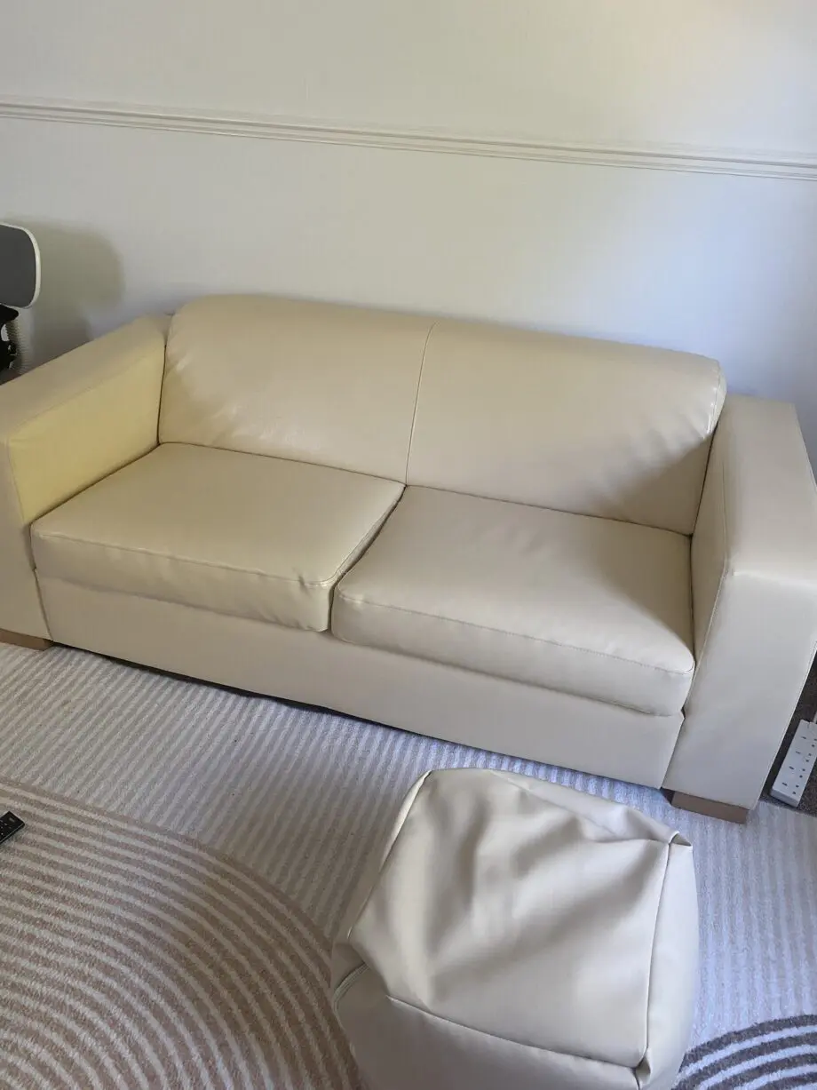 Faux cream leather sofa + beanbag style footstool Like new condition