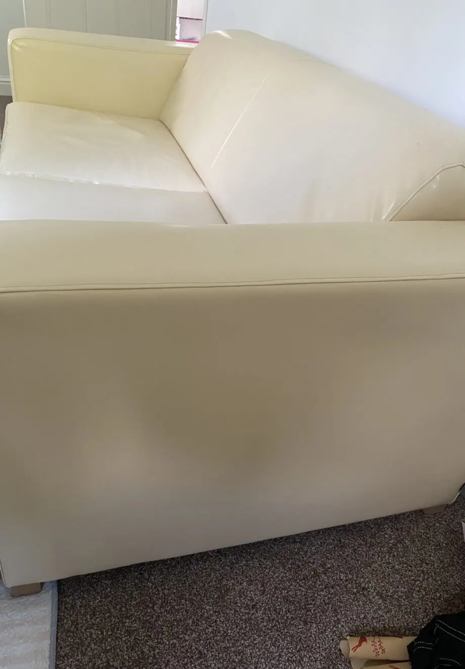 Faux cream leather sofa + beanbag style footstool Like new condition