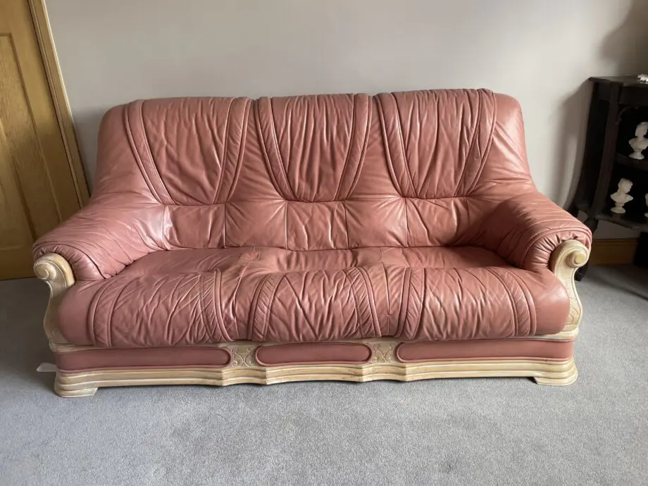 Soft Pink Leather Settee on Limed Oak Frane