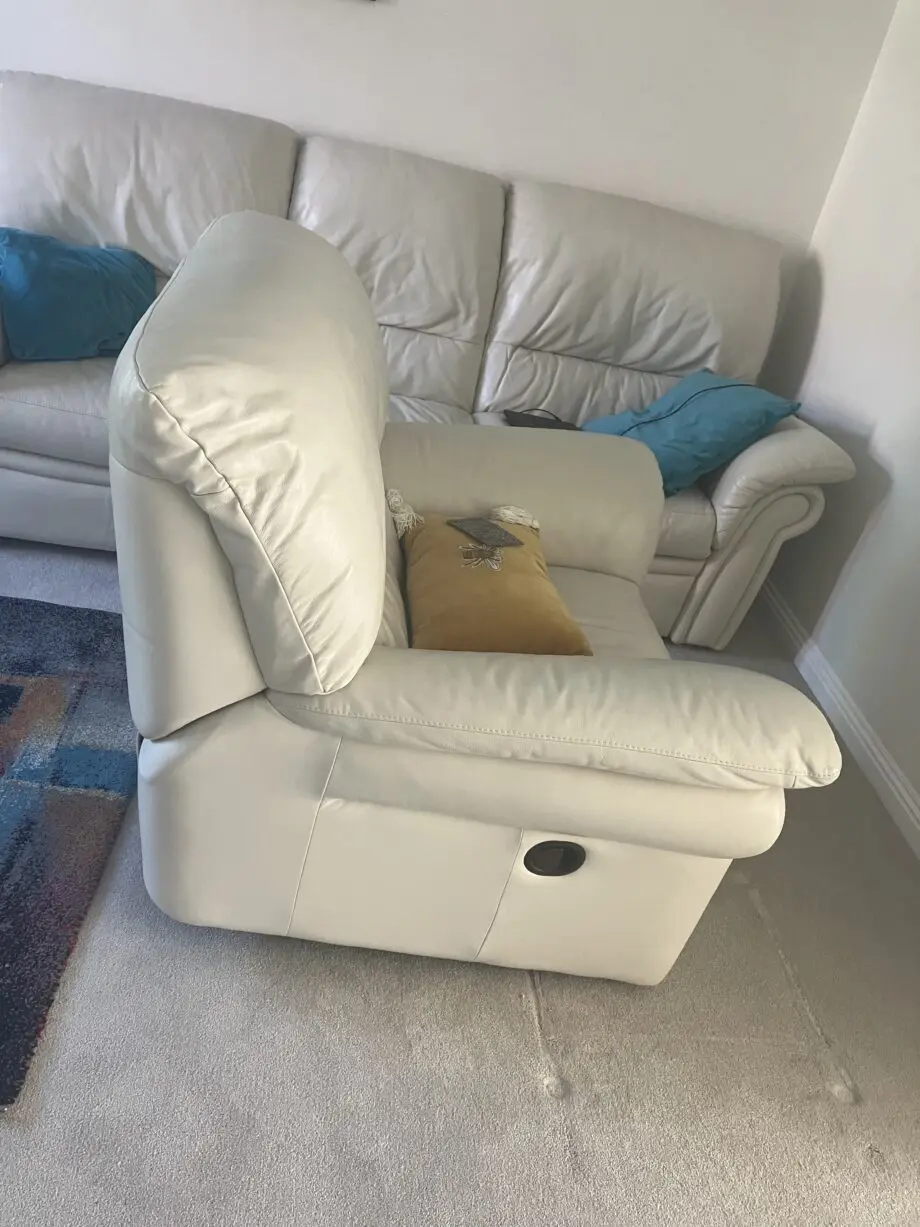 Cream faux leather 3 seater recliner sofa with 2 matching recliner armchairs