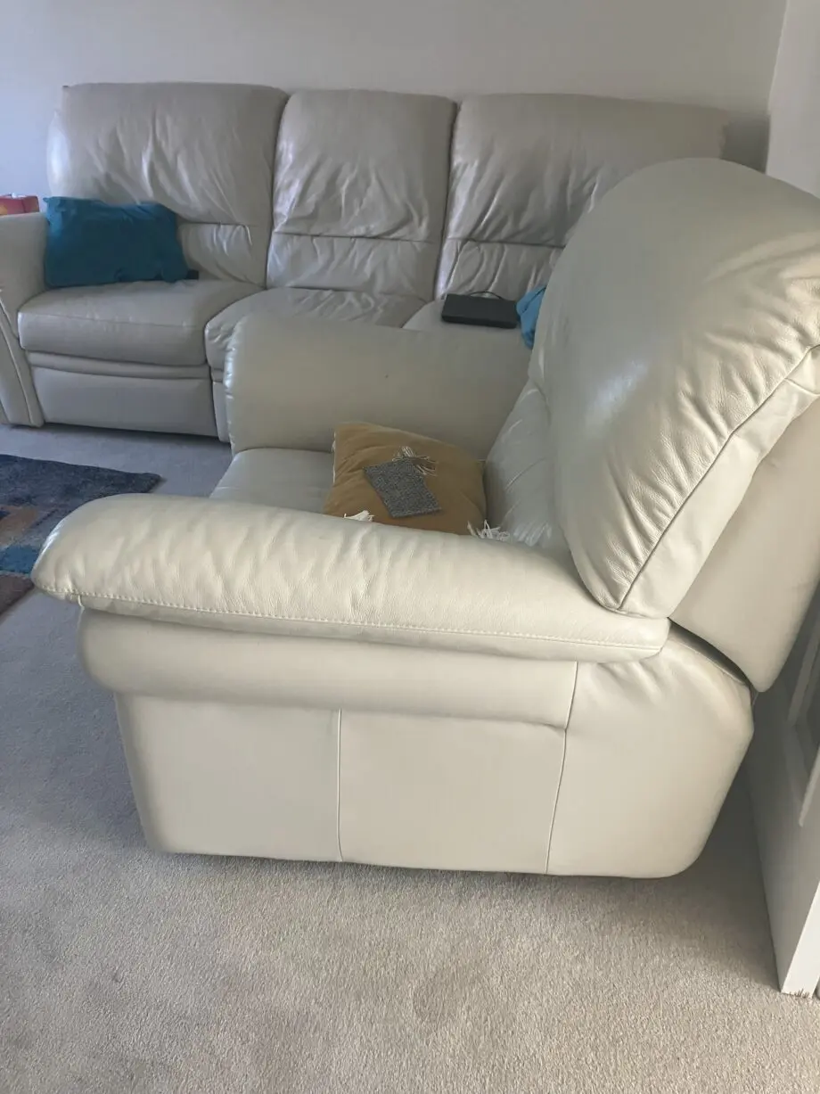 Cream faux leather 3 seater recliner sofa with 2 matching recliner armchairs