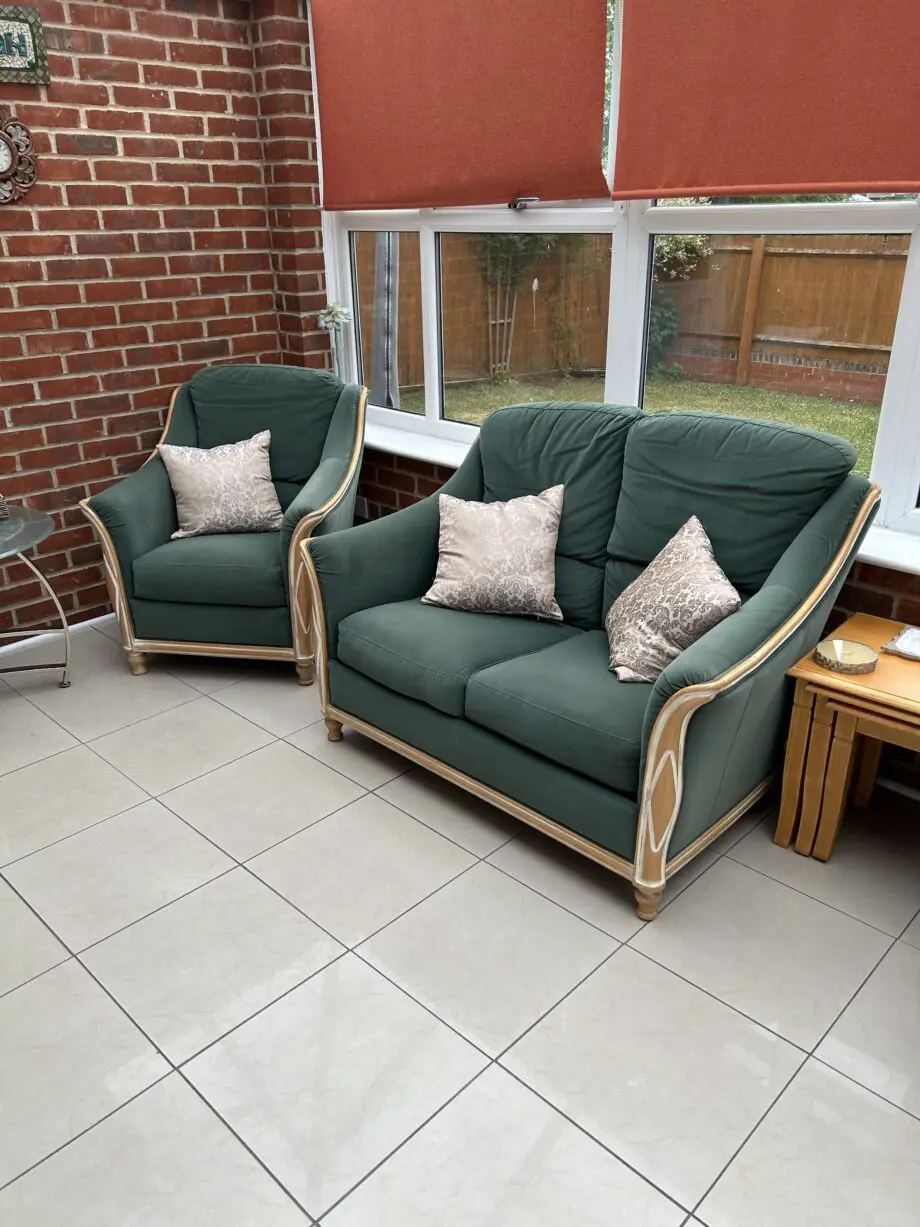 Dark green velvet-type love seat x 2 with light wood trim