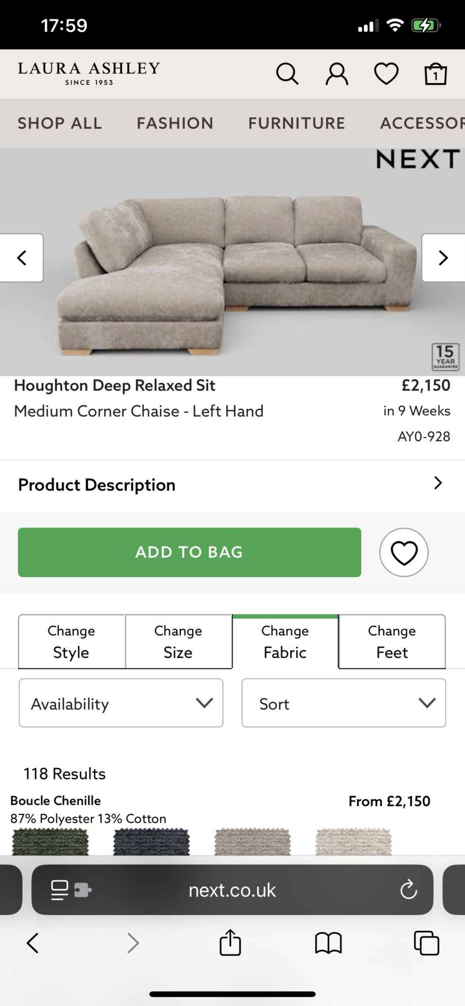 Next Houghton Left Hand Corner Chaise Scatterback