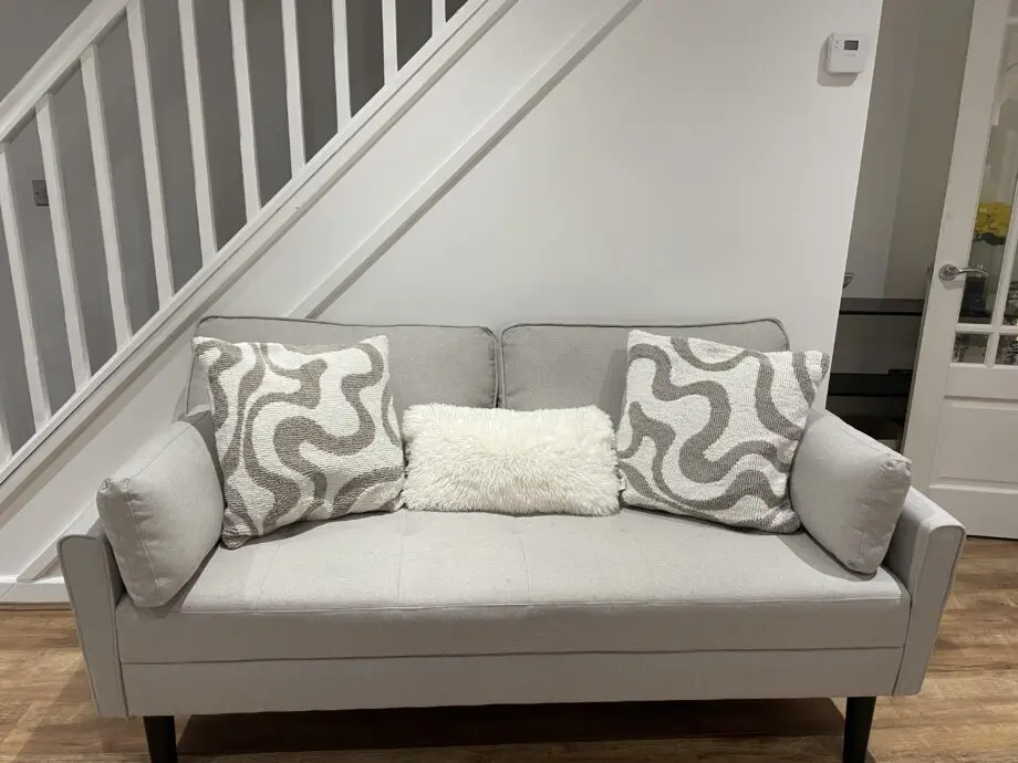 170cm fabric square arm upholstered sofa with 2 throw pillows