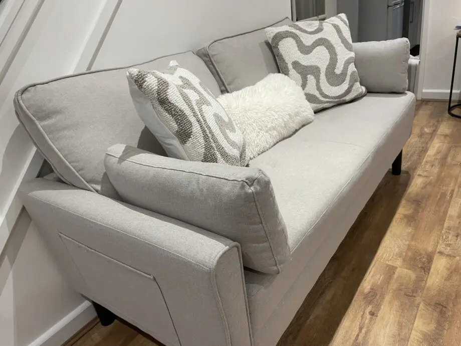 170cm fabric square arm upholstered sofa with 2 throw pillows