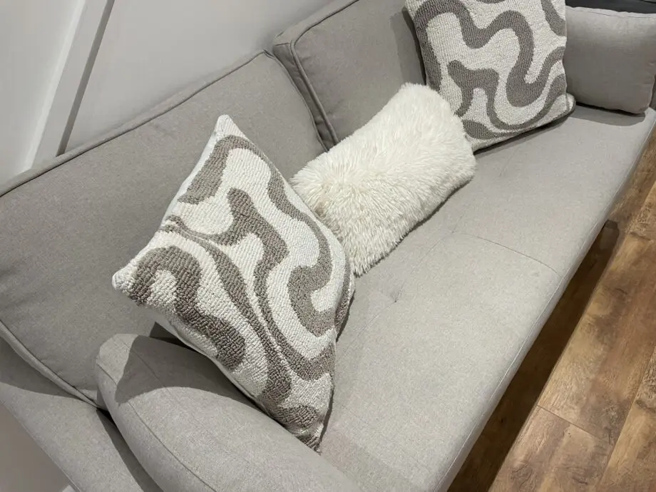 170cm fabric square arm upholstered sofa with 2 throw pillows