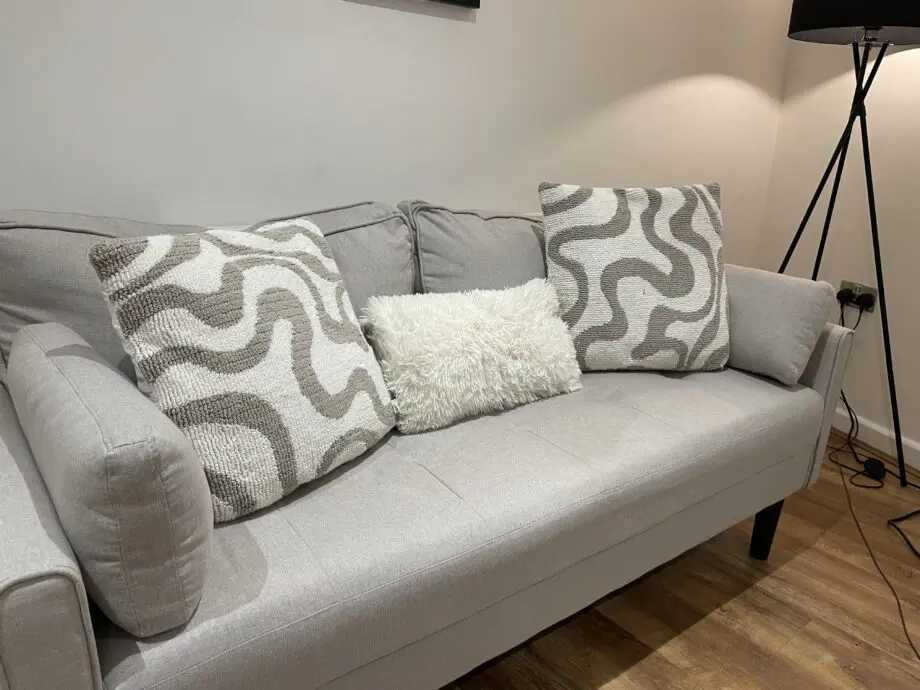 170cm fabric square arm upholstered sofa with 2 throw pillows