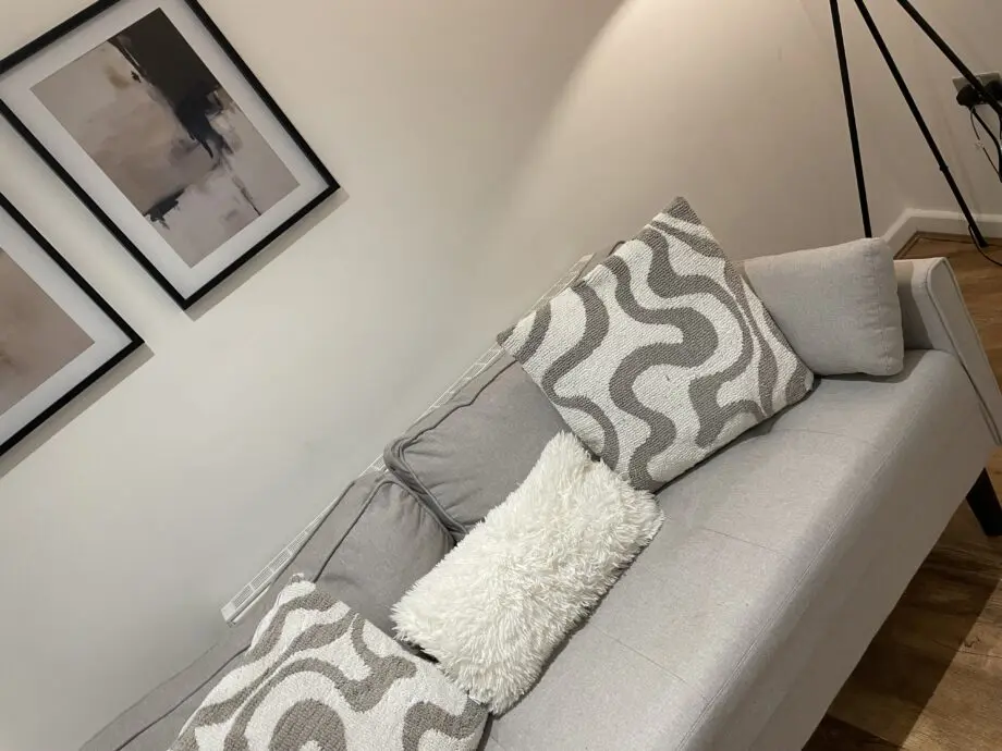 170cm fabric square arm upholstered sofa with 2 throw pillows