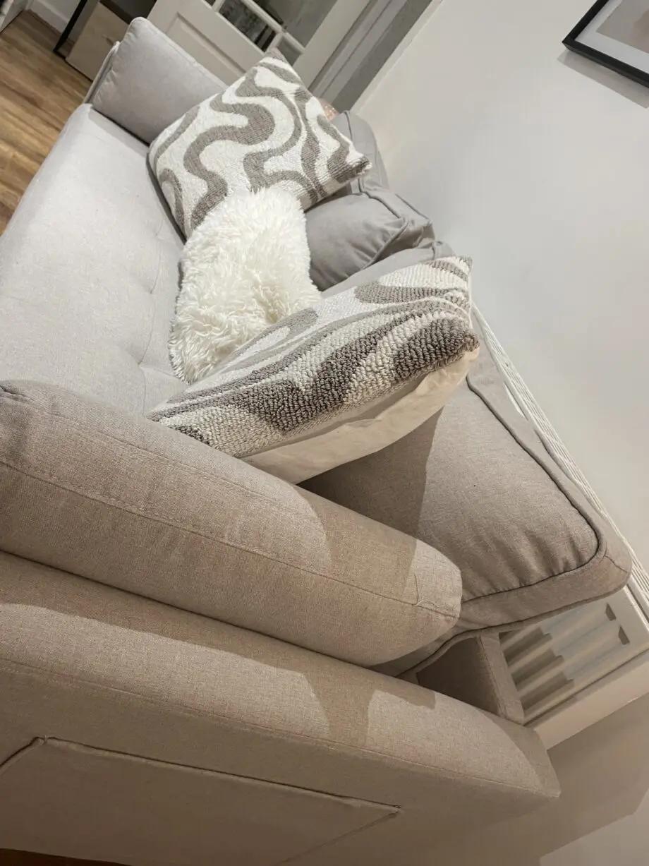 170cm fabric square arm upholstered sofa with 2 throw pillows