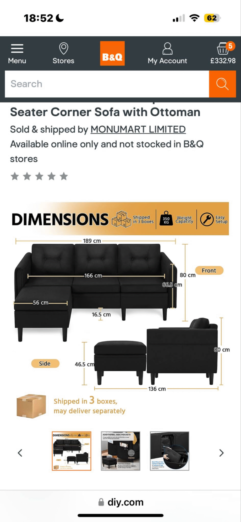 Black b n q 3 seater sofa