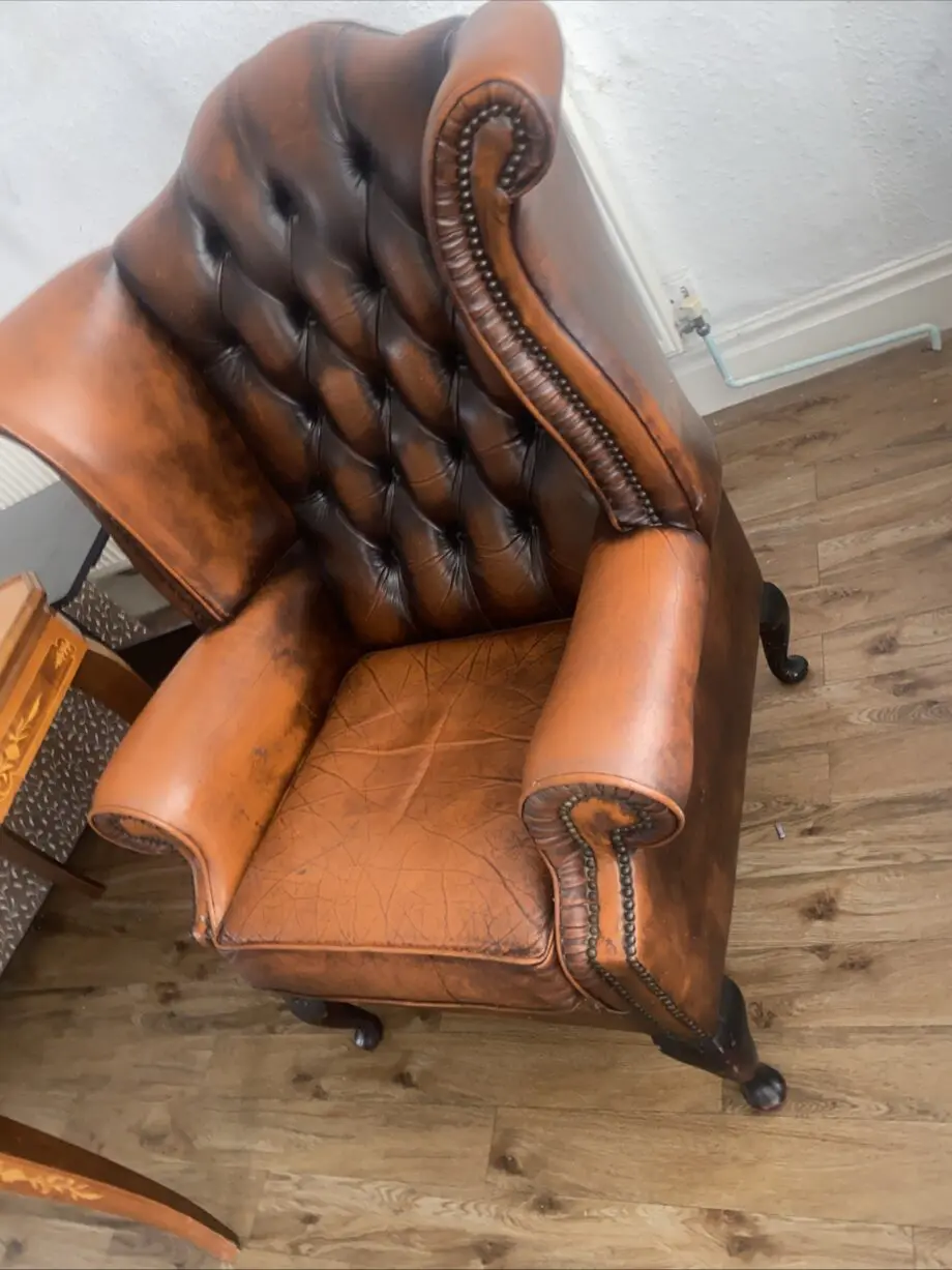 Chesterfield sofa & 2 chairs queen & club antique brown