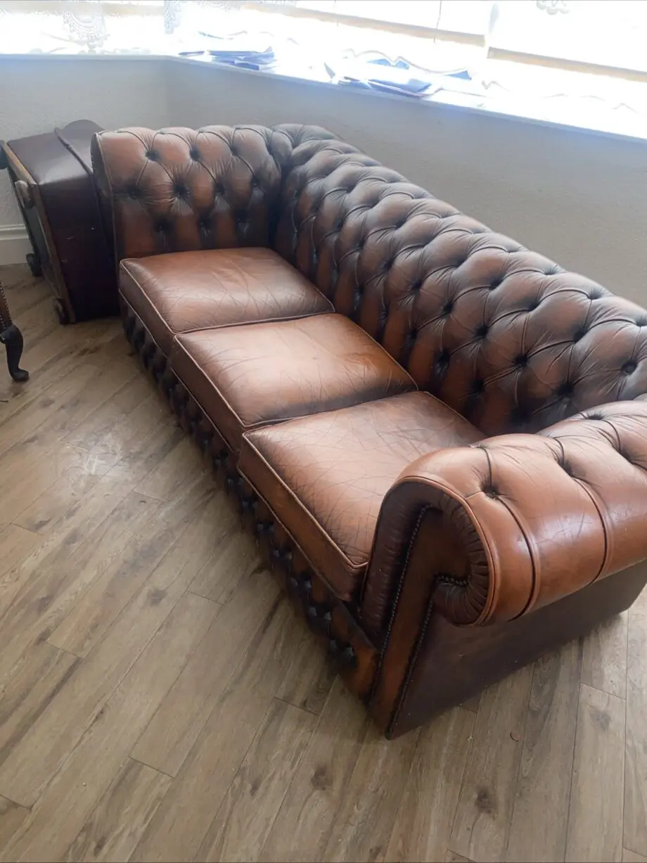 Chesterfield sofa & 2 chairs queen & club antique brown