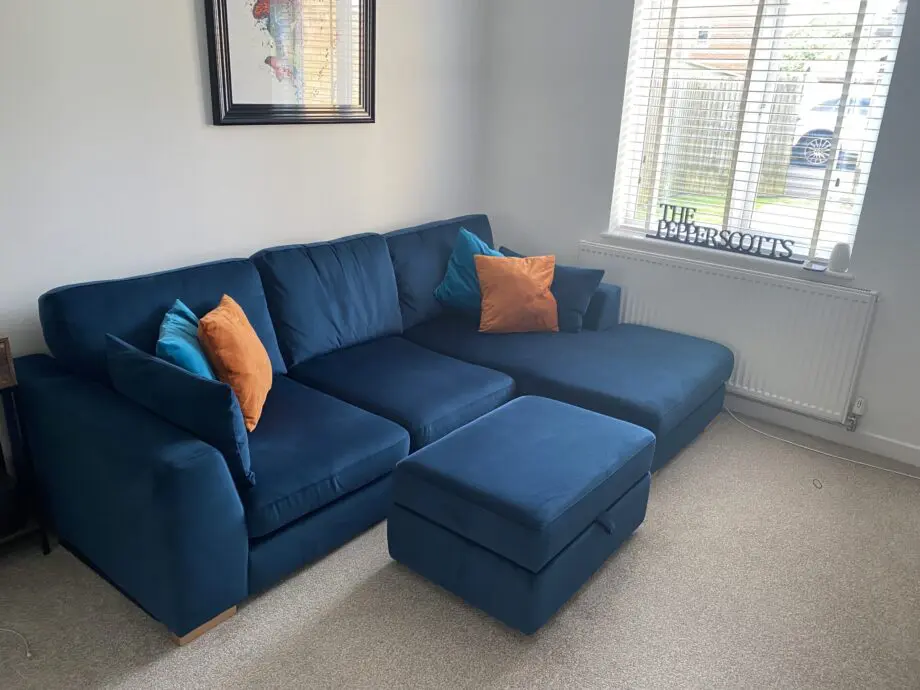 Blue L Shaped Corner Sofa + Footstool For Sale Now