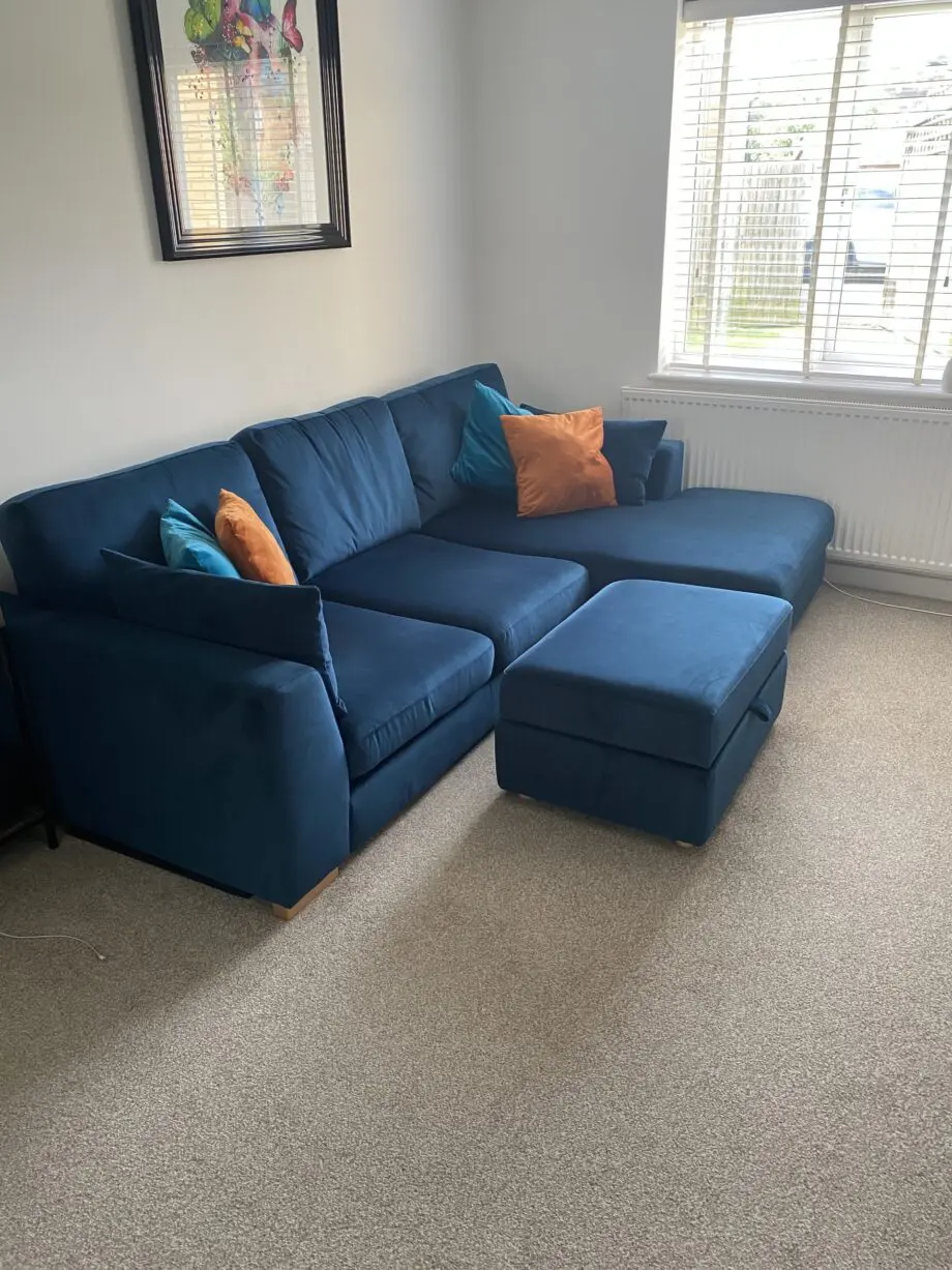 Blue L Shaped Corner Sofa + Footstool For Sale Now
