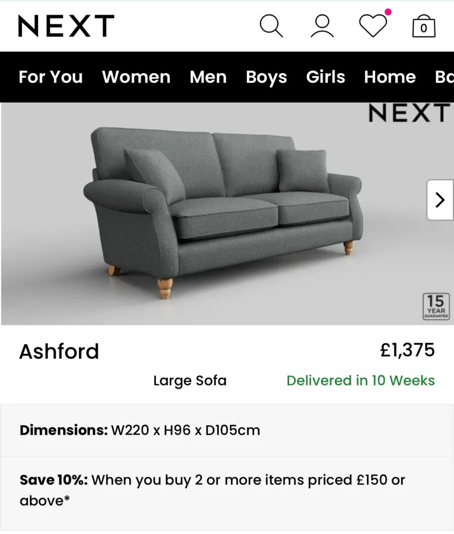Next Ashford Large Charcoal Sofa
