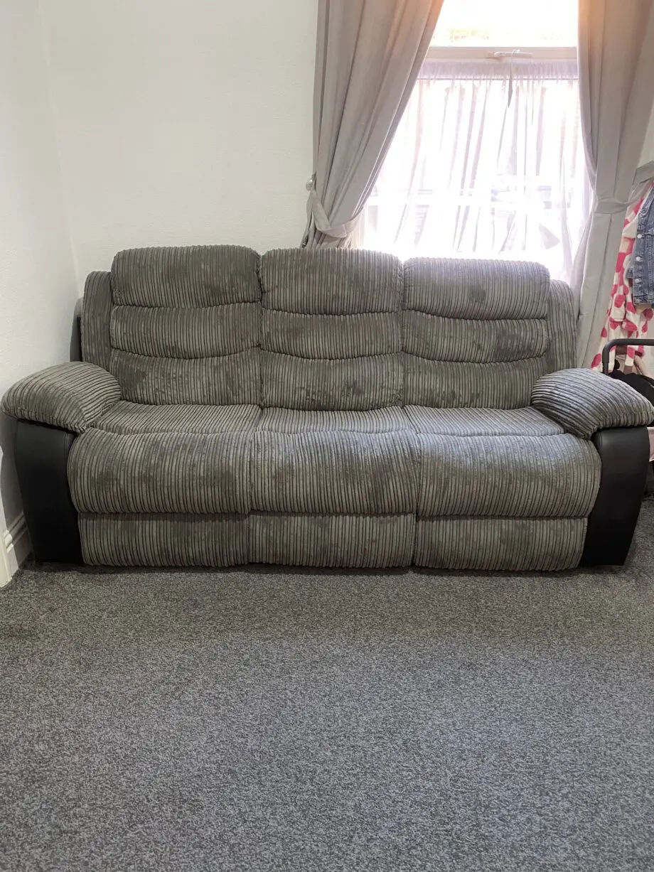 Grey Jumbo Cord Recliner Sofa