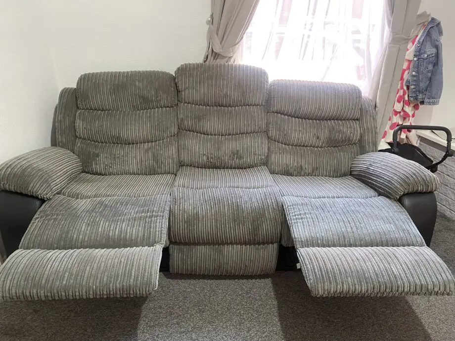 Grey Jumbo Cord Recliner Sofa
