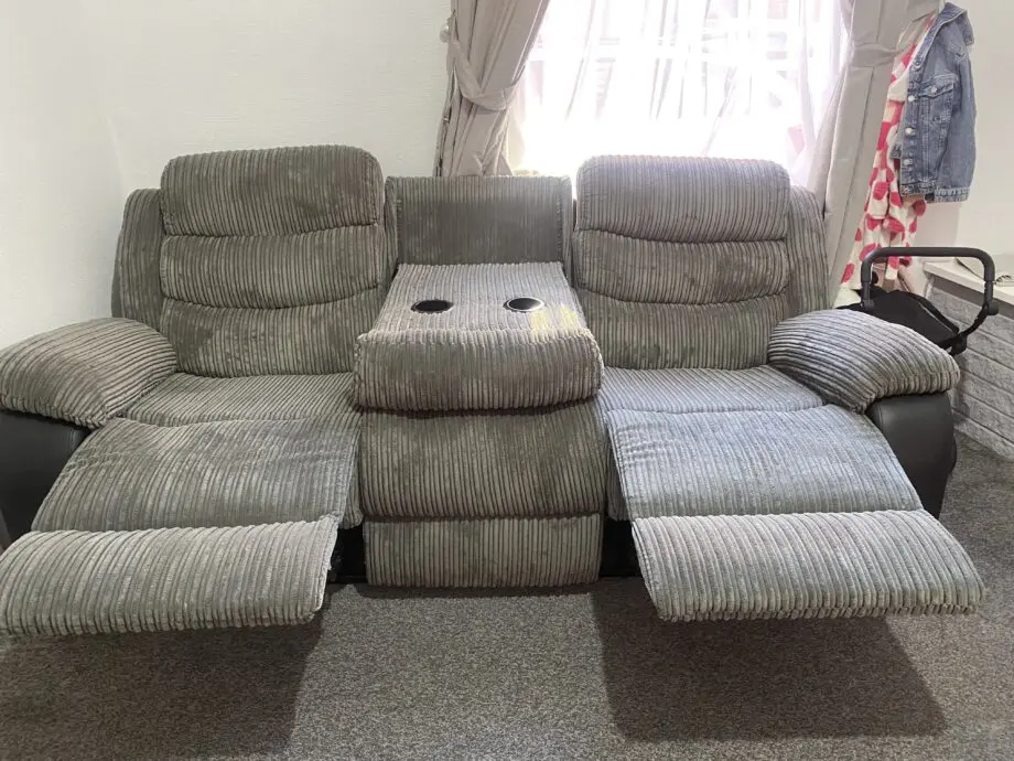 Grey Jumbo Cord Recliner Sofa