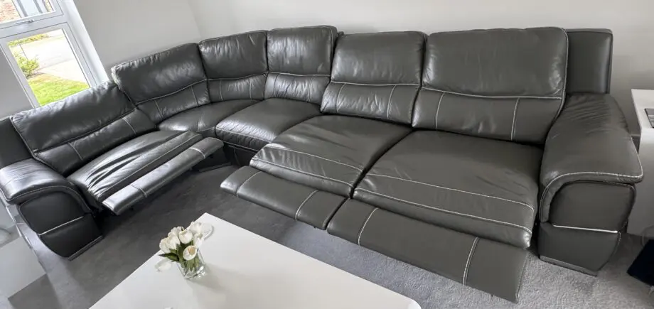 DFS DIRECTOR FULL LEATHER Left hand Facing Power Chaise Corner Sofa, power recliner armchair and a opening footstool